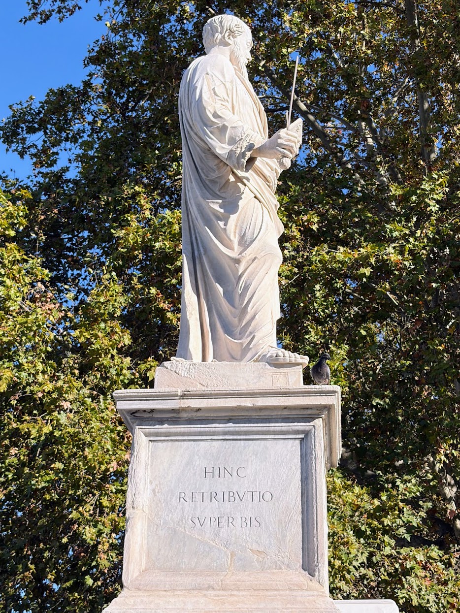 St. Paul statue with Hinc Retributio Superbis inscription