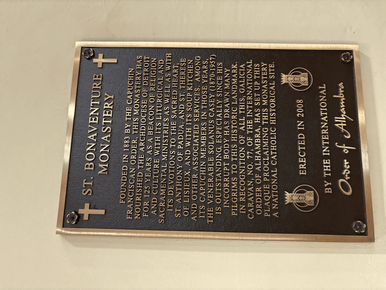 A 1883 bronze plaque for the founding of St. Bonaventure Monastery