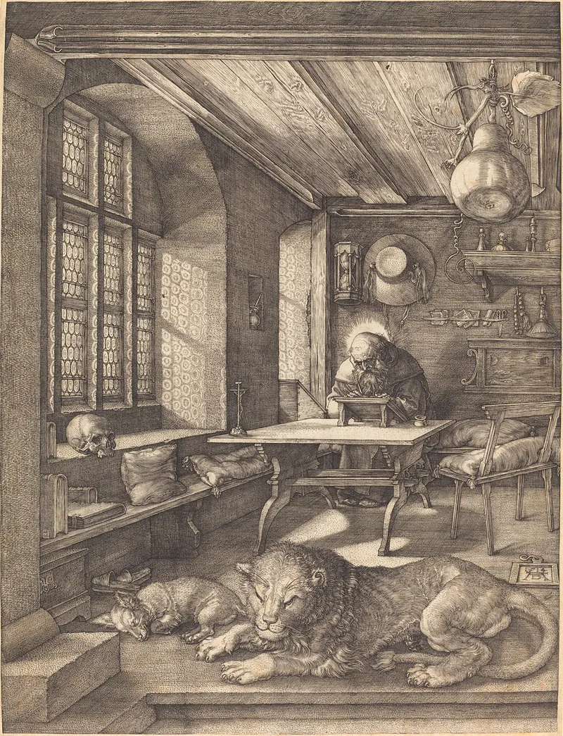 D&uuml;rer's engraving of Saint Jerome writing at a desk in a sunlit vaulted study, a skull on the window ledge, an hourglass and a cardinal's hat on the wall, and a lion and a small dog asleep on the floor in the foreground.