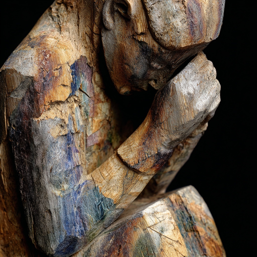 Opalized wood sculpture in contemplative pose