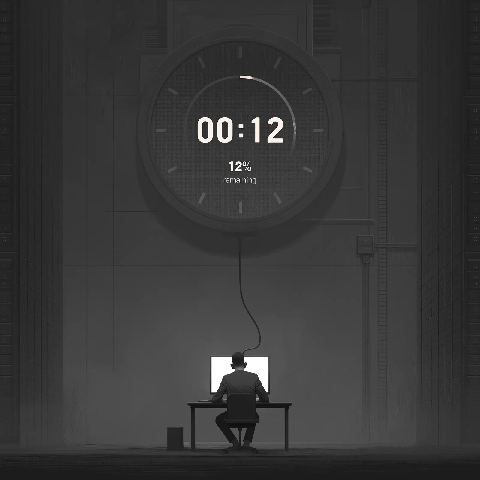 A vast dark room. A giant gauge reads 00:12 and 12% remaining, connected by a single cable to a small figure working alone at a glowing computer screen.